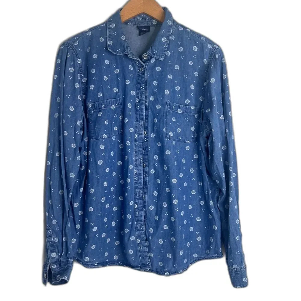Basic Editions Blue Chambray Floral Long Sleeve Button Up Cotton Blend Top Sz L